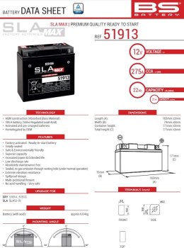BS AKUMULATOR 51913/51814 MAX (FA) (G12-19,SLA12-19,SLA12-22) 12V 21AH 183X79X171 BEZOBSŁUGOWY - ZALANY (ZWIĘKSZONY PRĄD ROZRUCH