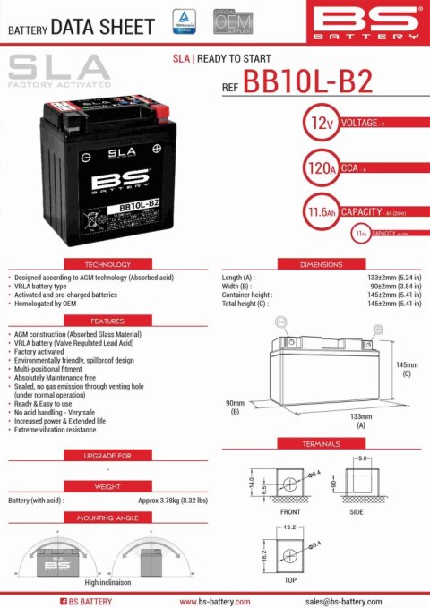 BS AKUMULATOR BB10L-B2 (FA) (YB10L-B2,YB10L-A2) 12V 11AH 136X91X146 BEZOBSŁUGOWY - ZALANY (160A) (4) - ZASTĘPUJE 300834