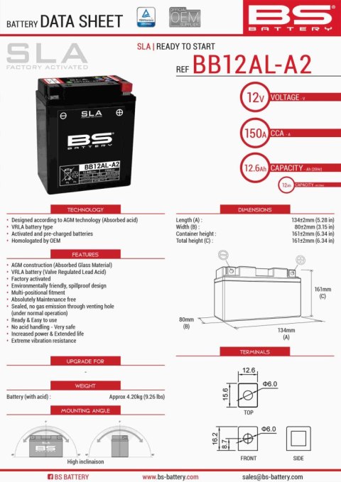 BS AKUMULATOR BB12AL-A2 (FA) (YB12AL-A2) 12V 12AH 135X81X161 BEZOBSŁUGOWY - ZALANY (140A) (5)