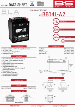 BS AKUMULATOR BB14L-A2 (FA) (YB14L-A2,YB14L-B2) 12V 14AH 135X91X167 BEZOBSŁUGOWY - ZALANY (210A) (4) - ZASTĘPUJE 300835