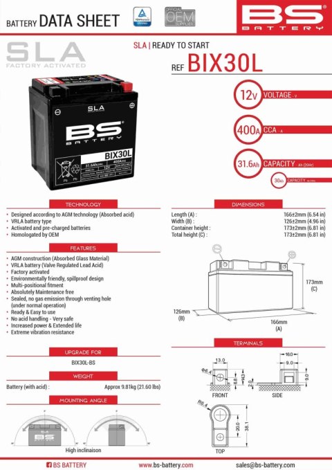 BS AKUMULATOR BIX30L (FA) (YTX30L) 12V 30AH 166X125X175 BEZOBSŁUGOWY - ZALANY (385A) (2)