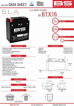 BS AKUMULATOR BTX16 (FA) (YTX16-BS) 12V 14AH 152X88X161 BEZOBSŁUGOWY - ZALANY (230A) (4)