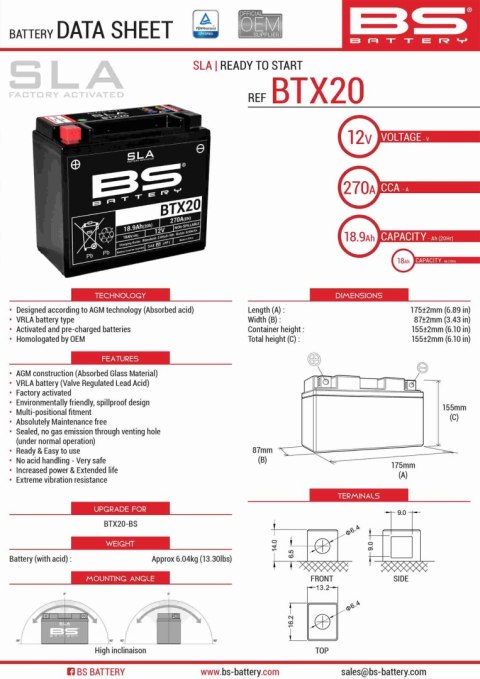 BS AKUMULATOR BTX20 (FA) (YTX20-BS) 12V 18AH 175X87X155 BEZOBSŁUGOWY - ZALANY (270A) (4)