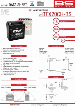 BS AKUMULATOR BTX20CH-BS (YTX20CH-BS, YTX20A-BS) 12V 18AH 150X87X161 BEZOBSŁUGOWY - ELEKTROLIT OSOBNO (270A) (2) UE2019/1148 (30