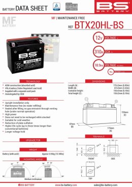 BS AKUMULATOR BTX20HL-BS (YTX20HL-BS) 175X87X155 BEZOBSŁUGOWY - ELEKTROLIT OSOBNO (310A) (2) UE2019/1148