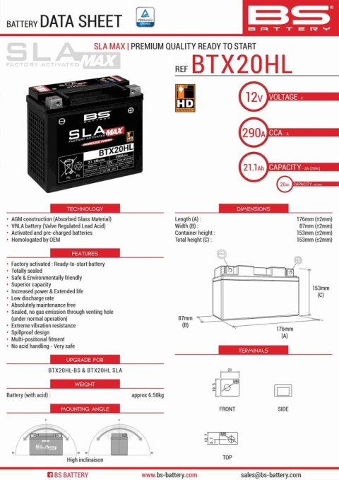 BS AKUMULATOR BTX20HL MAX (FA) (YTX20HL-BS) 12V 20AH 176X87X153 BEZOBSŁUGOWY - ZALANY (ZWIĘKSZONY PRĄD ROZRUCHOWY) (310A) - ZAST