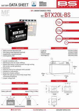 BS AKUMULATOR BTX20L-BS (YTX20L-BS) 12V 18AH 175X86X154 BEZOBSŁUGOWY - ELEKTROLIT OSOBNO (270A) (2) UE2019/1148