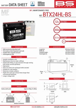 BS AKUMULATOR BTX24HL-BS (YTX24HL-BS) 12V 21AH 205X87X162 BEZOBSŁUGOWY - ELEKTROLIT OSOBNO (350A) (2) UE2019/1148