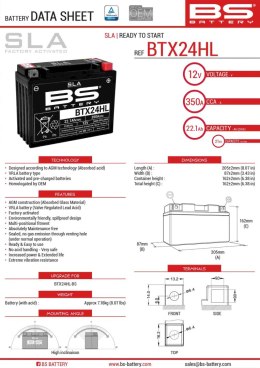 BS AKUMULATOR BTX24HL (FA) (YTX24HL-BS) 12V 21AH 205X87X162 BEZOBSŁUGOWY - ZALANY (350A) (4) - ZASTĘPUJE 300755