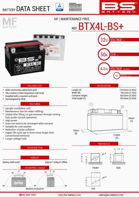 BS AKUMULATOR BTX4L-BS+ (YTX4L-BS) 12V 4AH 113X70X85 BEZOBSŁUGOWY - ELEKTROLIT OSOBNO (50A) (ZWIĘKSZONA POJEMNOŚĆ) (8) UE2019/11