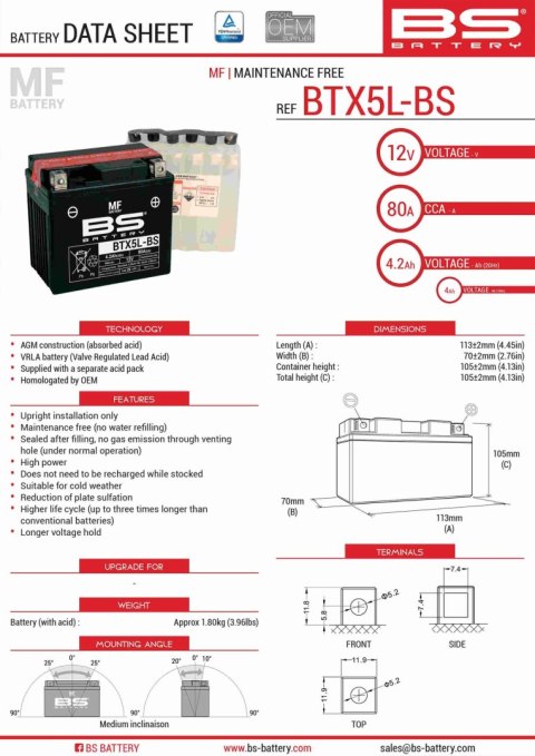 BS AKUMULATOR BTX5L-BS (YTX5L-BS) 12V 4AH 114X71X106 BEZOBSŁUGOWY - ELEKTROLIT OSOBNO (70A) (8) UE2019/1148