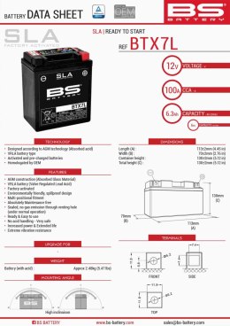 BS AKUMULATOR BTX7L (FA) (YTX7L-BS) 12V 6AH 113X70X130 BEZOBSŁUGOWY - ZALANY (100A) WZMOCNIONY (8)