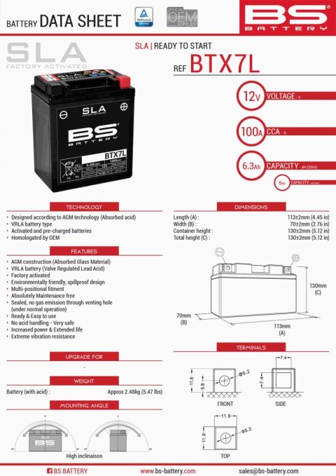 BS AKUMULATOR BTX7L (FA) (YTX7L-BS) 12V 6AH 113X70X130 BEZOBSŁUGOWY - ZALANY (100A) WZMOCNIONY (8)