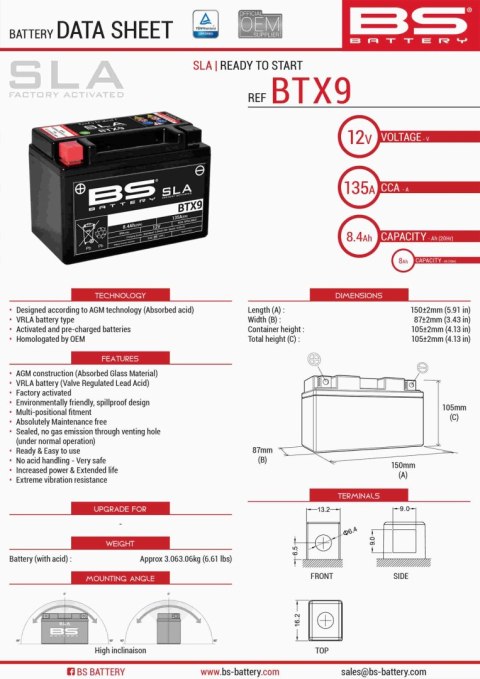 BS AKUMULATOR BTX9 (FA) (YTX9-BS) 152X88X106 12V 8AH BEZOBSŁUGOWY - ZALANY (120A) (9)