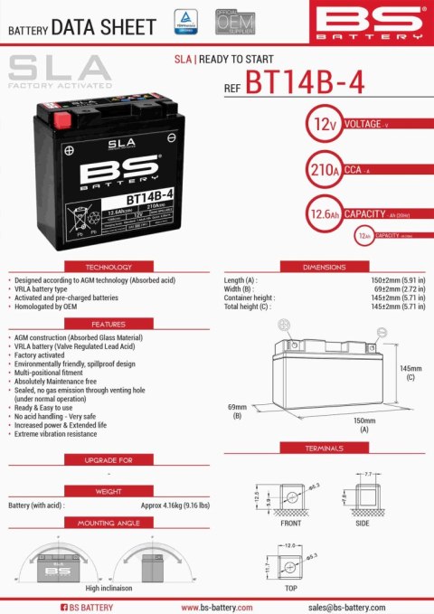 BS AKUMULATOR BT14B-4 (FA) (YT14B4) 12V 12AH 150X69X145 BEZOBSŁUGOWY - ZALANY (210A) (4)