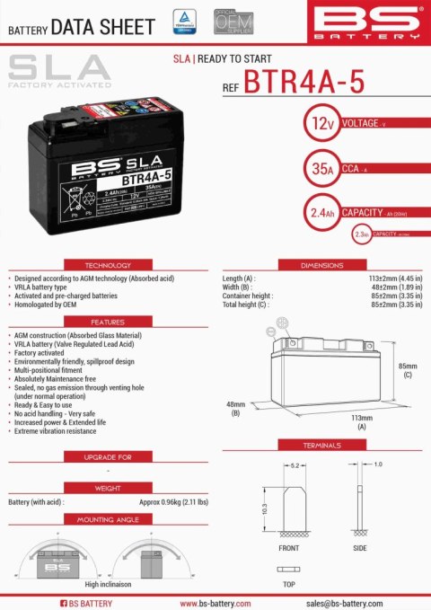 BS AKUMULATOR BTR4A-5 (FA ) (YTR4A-BS) 12V 2,3AH 113X48X85X BEZOBSŁUGOWY - ZALANY (35A)