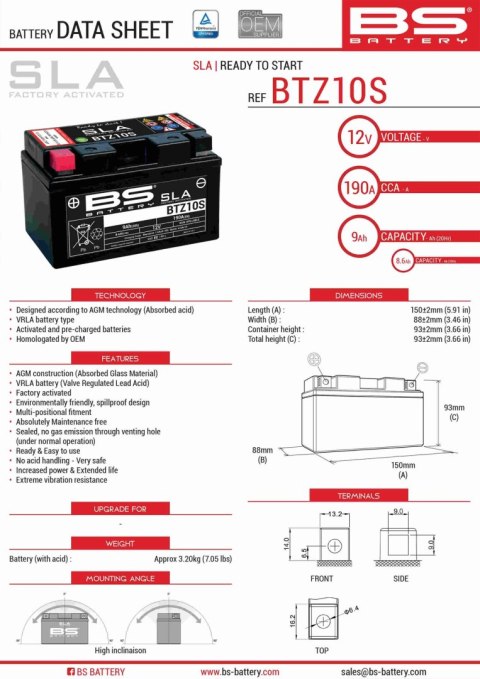 BS AKUMULATOR BTZ10S (FA) (YTZ10S)12V 8,6AH 150X86X95 BEZOBSŁUGOWY - ZALANY (190A) (4)