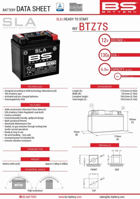 BS AKUMULATOR BTZ7S (FA) (YTZ7S) 12V 6AH 112X69X103 BEZOBSŁUGOWY - ZALANY (130A) (8)