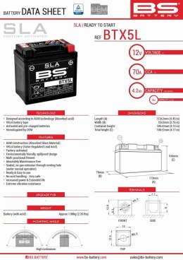 BS AKUMULATOR SLA BTX5L / BTZ6S (FA) (YTX5L-BS) 12V 5.3 AH 113X70X106 BEZOBSŁUGOWY - ZALANY (90A) (8)