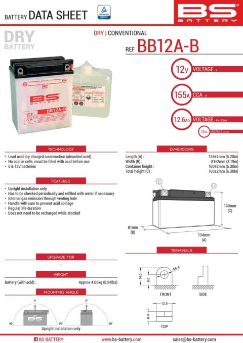 BS AKUMULATOR BB12A-B (YB12A-B) 12V 12AH 134X80X160 OBSŁUGOWY - ELEKTROLIT OSOBNO (155A) (4) UE2019/1148