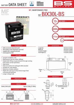 BS AKUMULATOR BIX30L-BS (YTX30L-BS) 12V 30AH 165X125X175 BEZOBSŁUGOWY - ELEKTROLIT OSOBNO (400A) (2) UE2019/1148