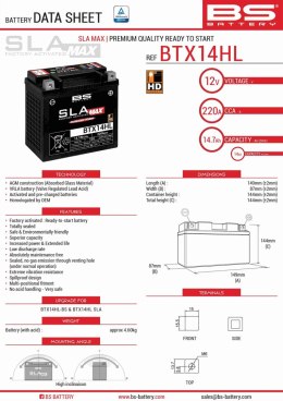 BS AKUMULATOR BTX14HL MAX (FA) (YTX14L-BS) 12V 14AH 149X87X144 BEZOBSŁUGOWY - ZALANY (ZWIĘKSZONY PRĄD ROZRUCHOWY) (220A) (4) - Z