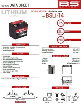 BS AKUMULATOR LITOWO-JONOWY ZE WSKAŹNIKIEM NAŁADOWANIA LIFEPO4 BSLI-14 (114X70X105) (210A,36WH,3AH) (4) HONDA CRF 1100 AFRICA TW