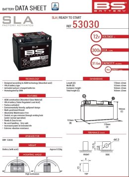 BS AKUMULATOR 53030 (52515) (FA) 12V 31,6AH 178X123X166 BEZOBSŁUGOWY - ZALANY (300A) (4) BMW R60/6/7 69-84, R65 84-95, R75/6/7 6