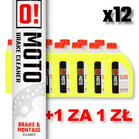 OMOTO ZESTAW 12 SZTUK PŁYN DO CHŁODNIC 1L O! FLUO XTREME COOL + OMOTO SPRAY ZMYWACZ DO HAMULCÓW 750ML O! BRAKE AND MONTAGE CLEAN