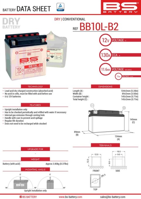 BS AKUMULATOR BB10L-B2 (YB10L-B2) 12V 11AH 134X89X145 OBSŁUGOWY - ELEKTROLIT OSOBNO (130A) (4) UE2019/1148 (310558)