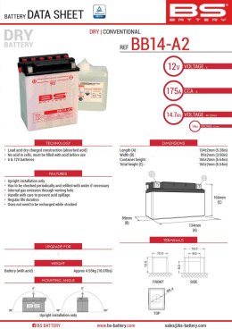 BS AKUMULATOR BB14-A2 (YB14-A2) 12V 14AH 134X89X166 OBSŁUGOWY - ELEKTROLIT OSOBNO (175A) (4) UE2019/1148