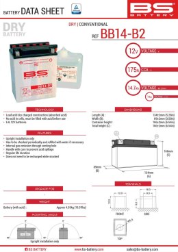 BS AKUMULATOR BB14-B2 (YB14-B2) 12V 14AH 134X89X166 OBSŁUGOWY - ELEKTROLIT OSOBNO (175A) (4) UE2019/1148