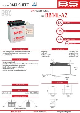 BS AKUMULATOR BB14L-A2 (YB14L-A2) 12V 14AH 135X91X167 OBSŁUGOWY - ELEKTROLIT OSOBNO (175A) (4) UE2019/1148