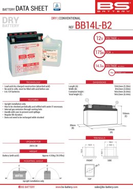 BS AKUMULATOR BB14L-B2 (YB14L-B2) 12V 14AH 134X88X166 OBSŁUGOWY - ELEKTROLIT OSOBNO (175A) (4) UE2019/1148