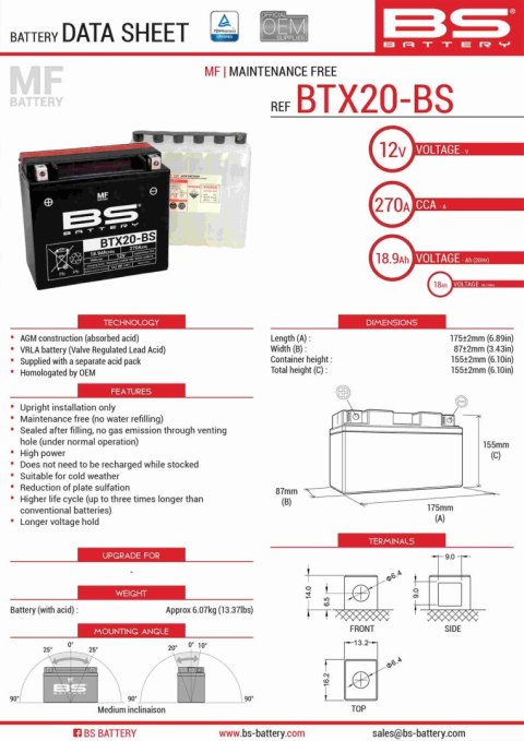 BS AKUMULATOR BTX20-BS (YTX20-BS) 175X87X155 BEZOBSŁUGOWY - ELEKTROLIT OSOBNO (270A) (2) UE2019/1148