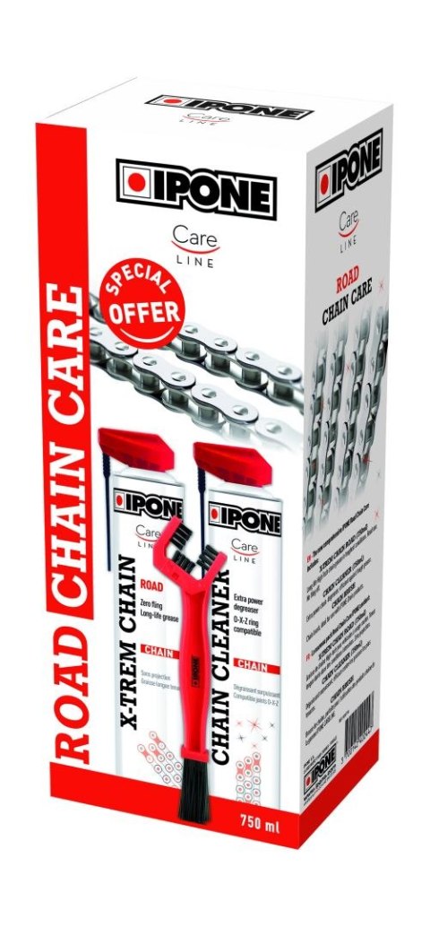 IPONE ROAD CHAIN CARE ZESTAW DO CZYSZCZENIA I SMAROWANIA ŁAŃCUCHA (2 X 750ML) ZE SZCZOTKĄ (CARELINE) (AKC) (4) KARTON 4 SZTUKI