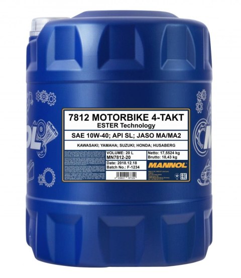 MANNOL OLEJ SILNIKOWY 4T MOTORBIKE 10W40 20L ESTER + MA2 SYNTETYK (7812) (API SN) (48)