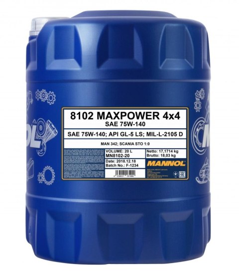 MANNOL MAXPOWER 4X4 75W140 API GL5 - OLEJ PRZEKŁADNIOWY SYNTETYCZNY 20L (75W-140)