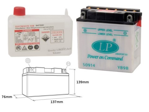 LANDPORT AKUMULATOR YB9-B (MD LB9B) 12V 9AH 137X76X140 (12N9-4B-1) OBSŁUGOWY - ELEKTROLIT OSOBNO (4) UE2019/1148