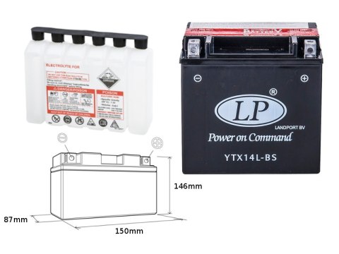 LANDPORT AKUMULATOR YTX14L-BS (MA LTX14L-BS) 12V 12AH 152X88X147 (HARLEY DAVIDSON 883/1200) BEZOBSŁUGOWY - ELEKTROLIT OSOBNO (4)