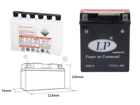 LANDPORT AKUMULATOR YTX7L-BS (MA LTX7L-BS) 12V 6AH 113X70X130 (GTX7LBS) BEZOBSŁUGOWY - ELEKTROLIT OSOBNO (6) UE2019/1148