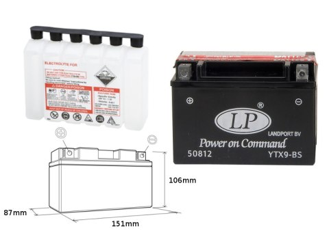 LANDPORT AKUMULATOR YTX9-BS (MA LTX9-BS) 12V 8AH 152X88X106 BEZOBSŁUGOWY - ELEKTROLIT OSOBNO (6) UE2019/1148