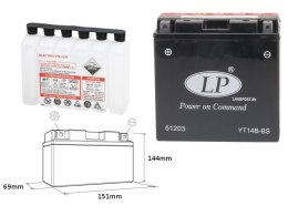 LANDPORT AKUMULATOR YT14B-BS (MA LT14B-BS) 12V 12AH 150X69X145 BEZOBSŁUGOWY - ELEKTROLIT OSOBNO (4) UE2019/1148(190A)