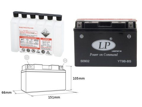 LANDPORT AKUMULATOR YT9B-BS (MA LT9B-BS) 12V 8AH 150X70X105 BEZOBSŁUGOWY - ELEKTROLIT OSOBNO (6) UE2019/1148