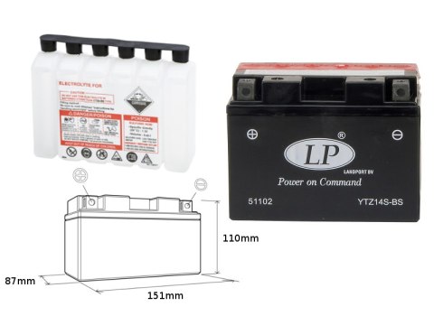 LANDPORT AKUMULATOR YTZ14S-BS (MA LTZ14S-BS) 12V 12AH 150X87X110 (GTZ14S) BEZOBSŁUGOWY - ELEKTROLIT OSOBNO (4) UE2019/1148