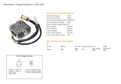 DZE REGULATOR NAPIĘCIA HONDA XRV 750 93-00 (35A) (31600-MY1-003) (ESR672, RGU-125)