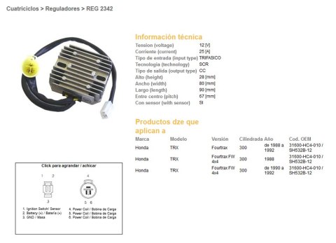 DZE REGULATOR NAPIĘCIA HONDA TRX300 FOURTRAX 88-92 (SH532B-12) (31600-HC4-010) (ESR125)