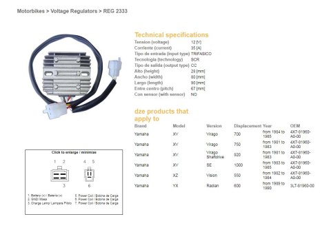 DZE REGULATOR NAPIĘCIA YAMAHA XV 750/920 '81-'83, XV 1000 '83-'85, TR1, XZ 550 (ESR390, RGU-212)