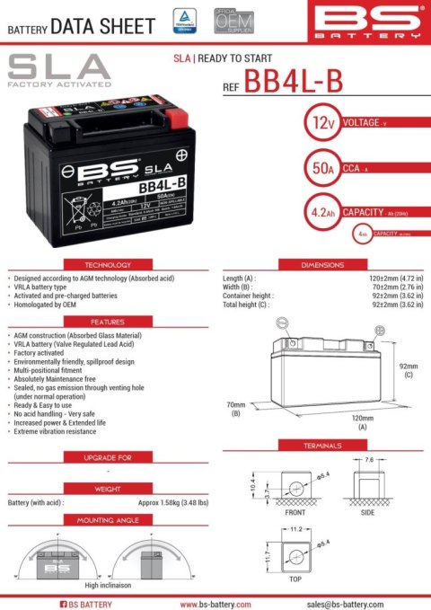 BS AKUMULATOR BB4L-B (FA) (YB4L-B) 12V 4AH 120X70X92 BEZOBSŁUGOWY - ZALANY (50A) (8)