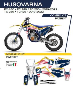 UFO KOMPLET NAKLEJEK (OKLEIN) HUSQVARNA TC 125/250 '19-'22; FC 250/350/450 '19-'22 PATRIOT KOLOR OEM (BIAŁY/NIEBIESKI) - WYPRZED